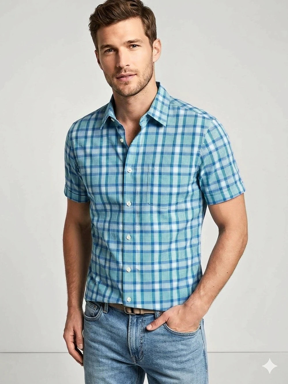 BANANA REPUBLIC Men’s Blue Ombre Plaid Short Sleeve Stretch Button Down Shirt L